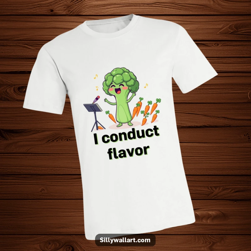 Funny t-shirt of a singing broccoli floret humorously conducting a tiny orchestra of carrots, a musical veggie delight.