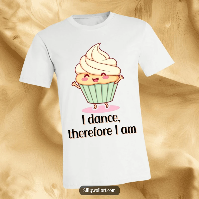 Funny t-shirt: A cute cupcake with a happy face, energetically dancing with visible joy and excitement.