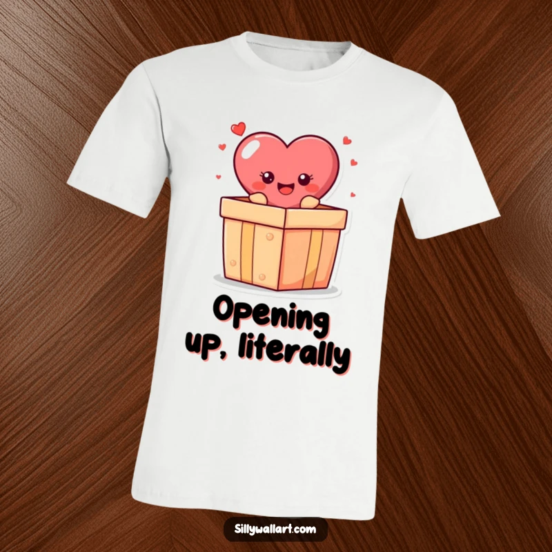 Funny t-shirt: A smiling heart character emerging from a gift box, symbolizing joy and cheerful surprises.