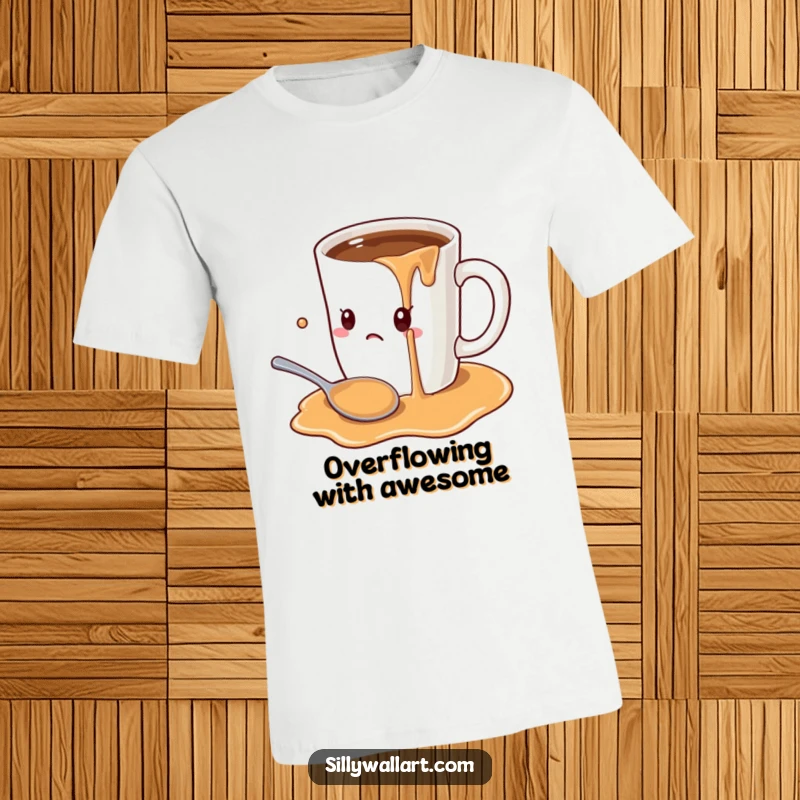 Funny cartoon oversized coffee mug spilling its contents onto a startled spoon, printed on a t-shirt for coffee lovers.
