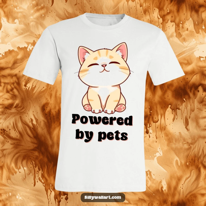 Funny t-shirt depicting a contented cat purring loudly while being stroked, eyes closed in absolute bliss and satisfaction.