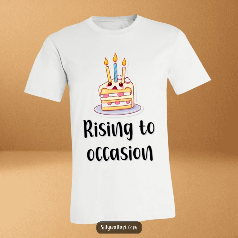 Funny T-shirt featuring a surprised slice of cake with candles floating upwards like balloons, depicting a charmingly chaotic birthday.