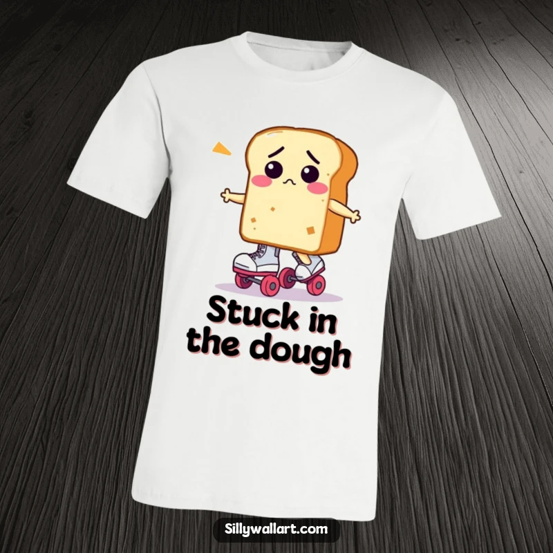 Funny loaf of bread character, looking perplexed, on roller skates, featured on a humorous t-shirt.