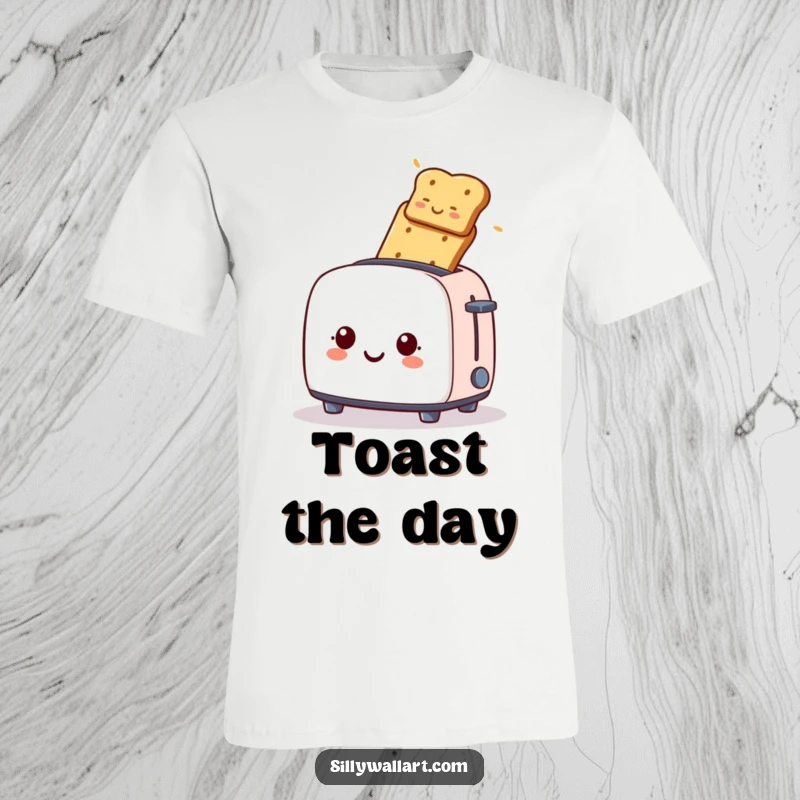 Funny t-shirt, a smiling toaster launching toast upwards, celebrating breakfast joy and a warm start.