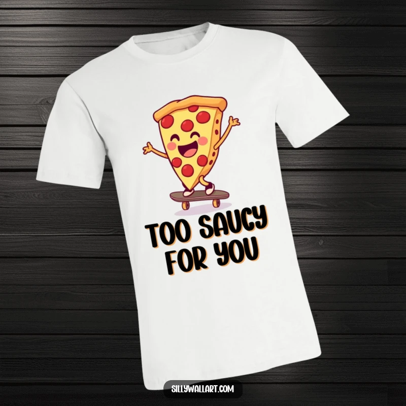 Funny pizza slice performs a dynamic cartwheel while skateboarding, showcasing energetic fun and a love for thrills, printed on a t-shirt.