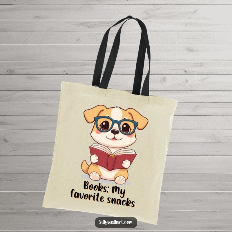 Funny tote bag featuring an intelligent dog with reading glasses, holding an open book, designed for book lovers and dog enthusiasts on the go.