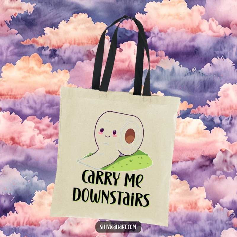 Funny tote bag with a cheerful toilet paper roll comically rolling down a hill, perfect for humorous shopping.