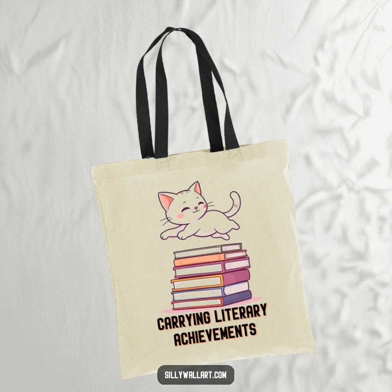 Funny tote bag with a sleek cat leaping gracefully over a stack of books, ready to carry literary treasures with style.