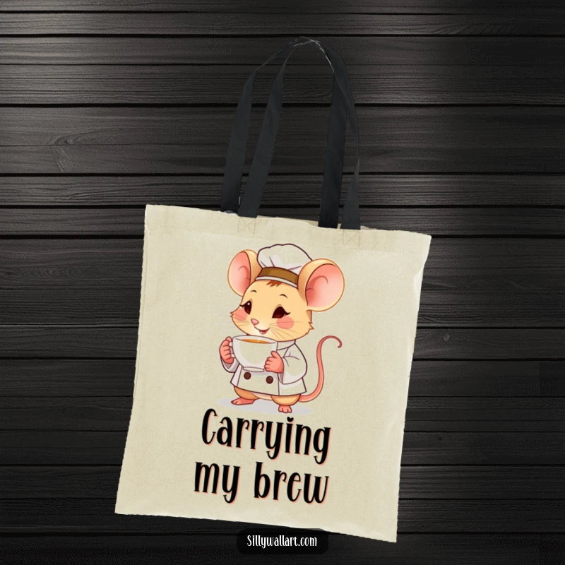 Funny tote bag with a determined little mouse chef holding a tiny, steaming teacup, ideal for carrying items with focused charm.