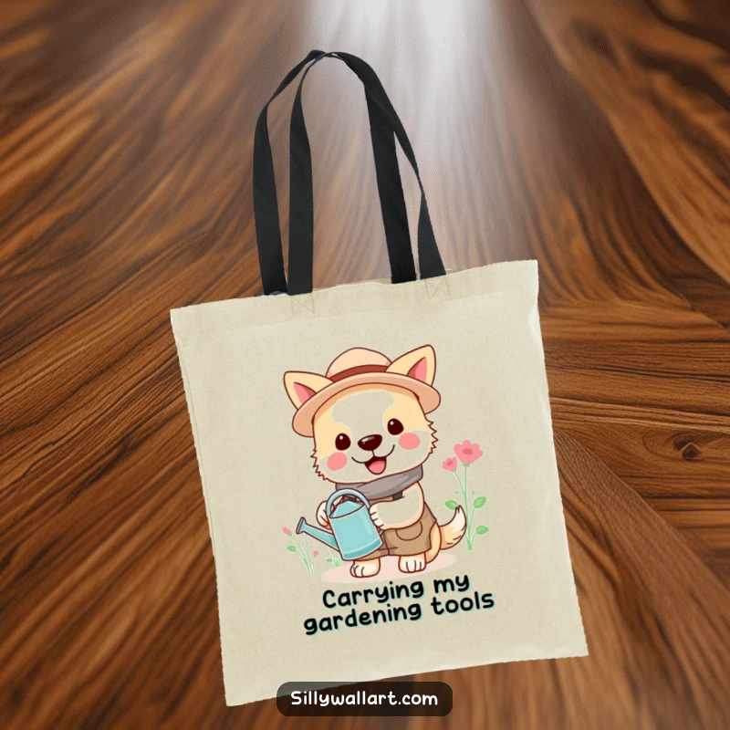 Funny gardener dog tote bag, cheerful dog with watering can, humorous gardening accessory.