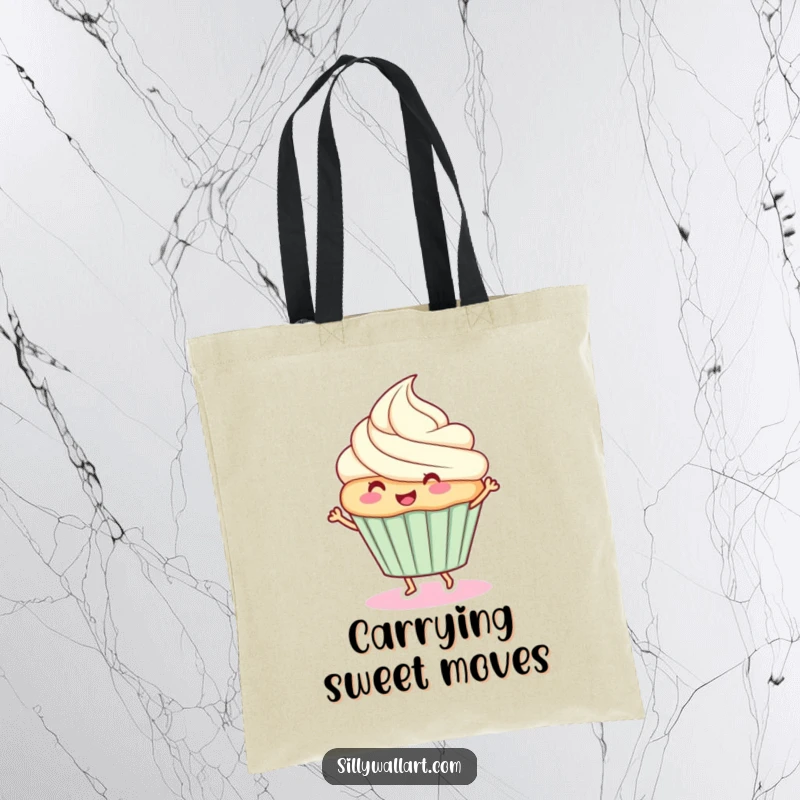 Funny tote bag: A happy cupcake dancing, a sweet and practical accessory for carrying essentials.