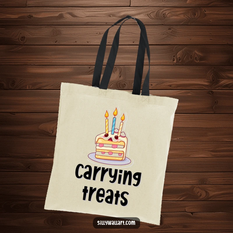 Funny tote bag showcasing a surprised slice of cake with candles floating upwards like balloons, perfect for carrying birthday goodies.