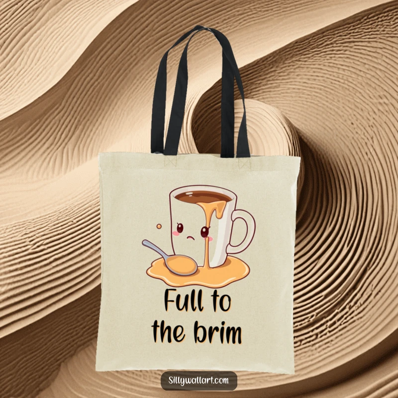 Funny cartoon oversized coffee mug spilling onto a startled spoon, designed for a tote bag, perfect for carrying daily essentials.