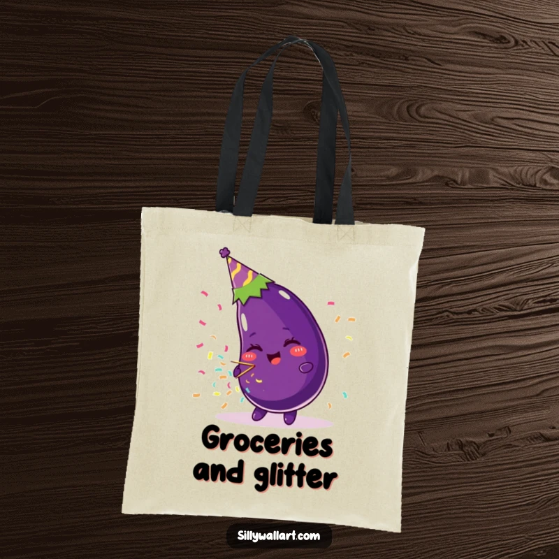 Funny tote bag with a beaming eggplant in a party hat, joyfully firing a confetti popper, perfect for carrying party favors.