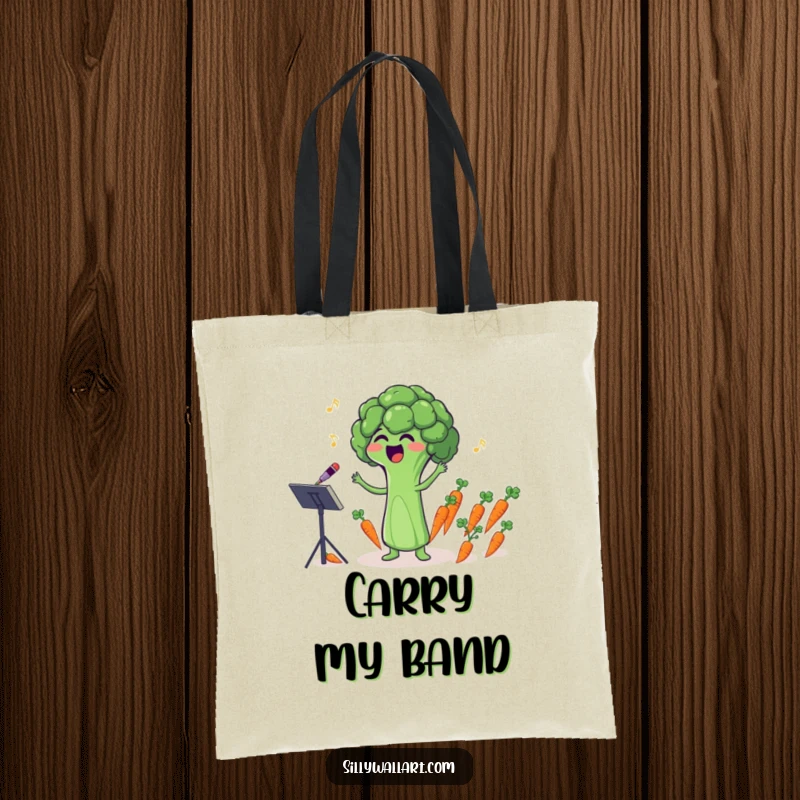 Funny tote bag with a singing broccoli floret conducting a tiny carrot orchestra, perfect for humorous errands.