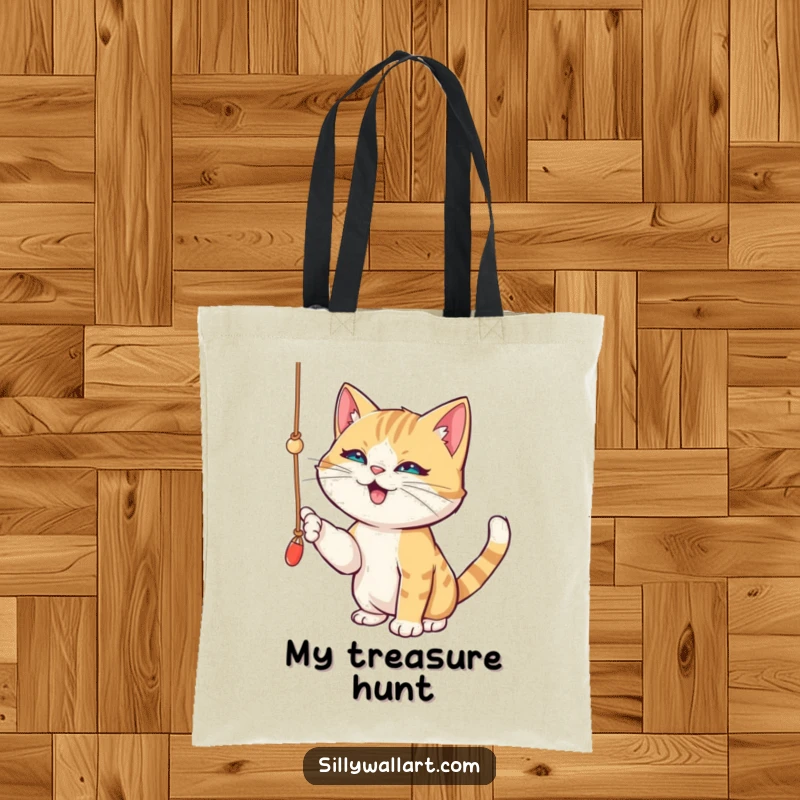 Funny tote bag showcasing a playful cat batting energetically at a dangling string, captured in a moment of pure, happy mischief.