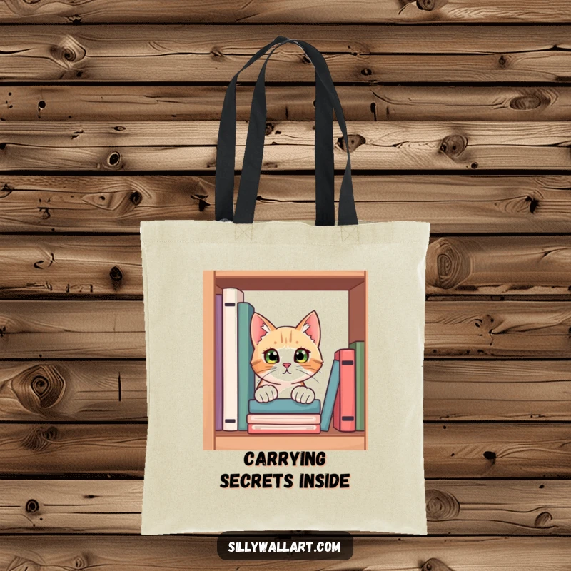 Funny tote bag with a curious cat peeking from behind a bookshelf, its eyes full of wonder and a desire to explore stories.