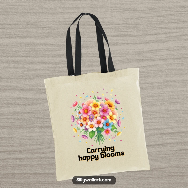 Funny tote bag: A bouquet of flowers spreading confetti, a cheerful and practical accessory for carrying essentials.