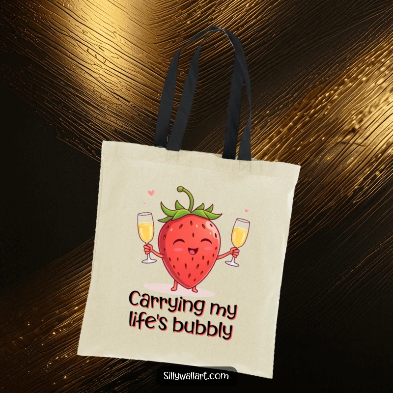 Funny tote bag featuring a joyful strawberry juggling tiny champagne glasses, ideal for carrying groceries or party supplies with a humorous flair.