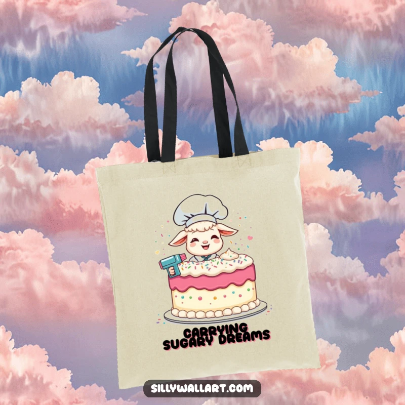 Funny tote bag with a giggling lamb chef frosting a cake with a sprinkle gun, ideal for carrying items with baking fun.