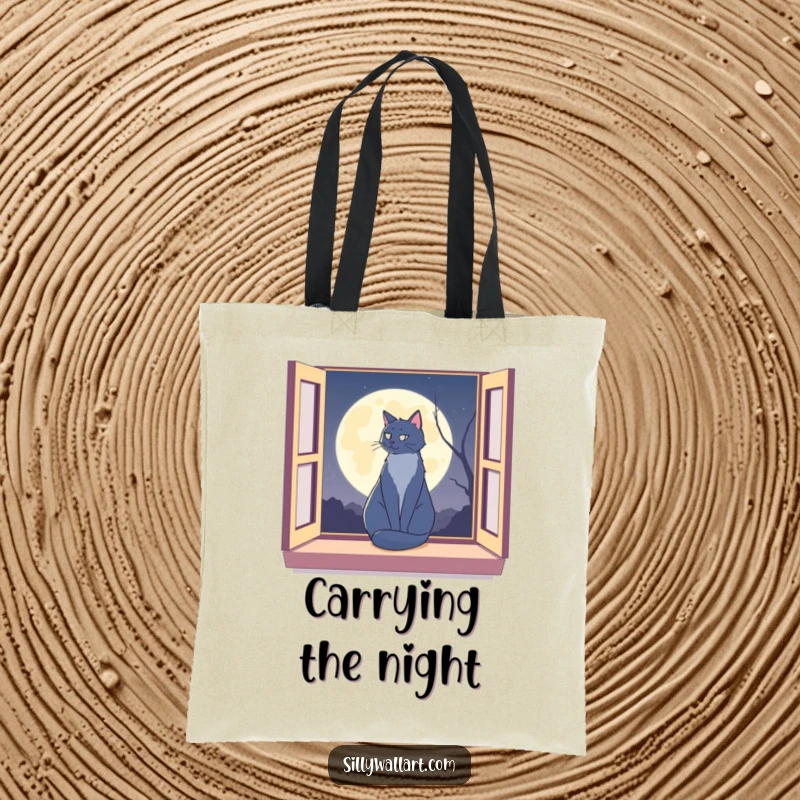 Funny cat silhouette on a window sill against a moon on a tote bag, perfect for carrying items with lunar flair.