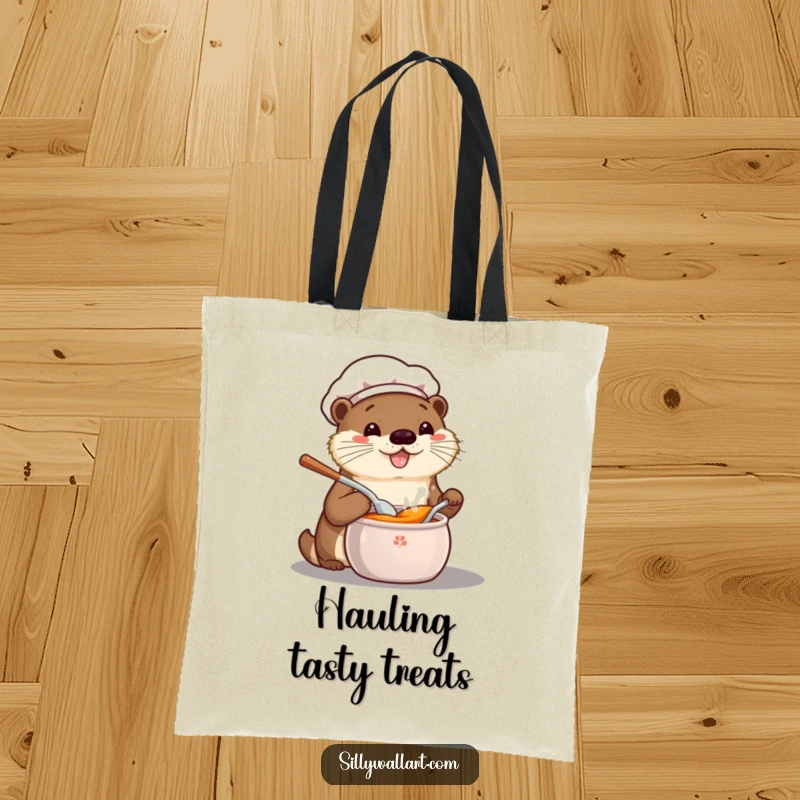 Funny tote bag with a happy kawaii otter chef tasting from a pot, ideal for carrying items with a touch of culinary fun.