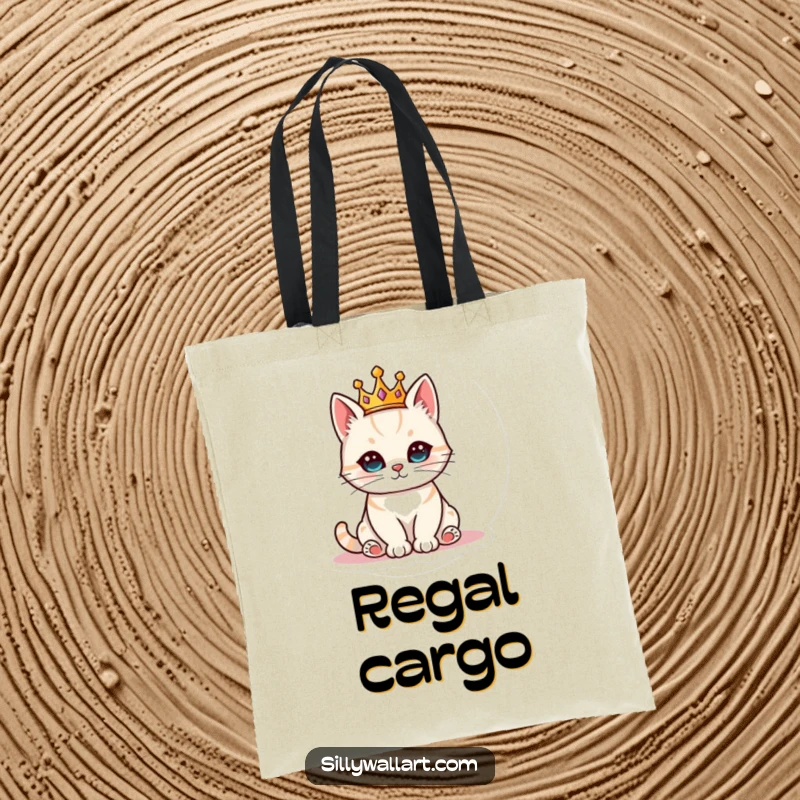 Funny cat wearing a tiny crown, sitting regally on a tote bag, perfect for carrying items with feline flair.