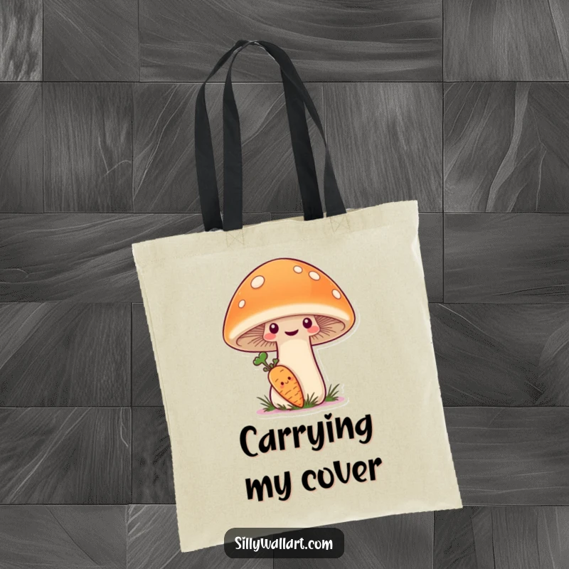 Funny Tote Bag featuring a shy carrot hiding behind a giant, smiling mushroom, great for gardeners.