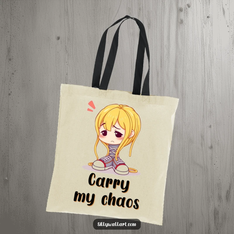 Funny tote bag with a confused spaghetti noodle hilariously trying to tie shoelaces, perfect for humorous errands.