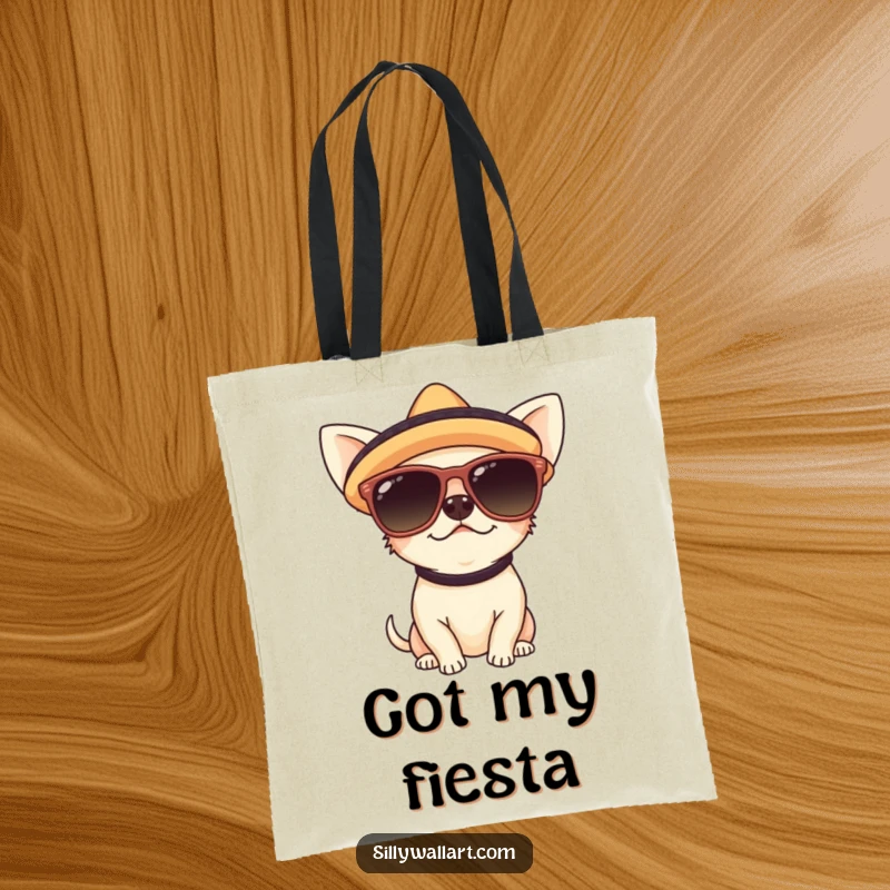 Funny tote bag featuring a cute chihuahua in sunglasses and a sombrero, showcasing a festive and humorous style for everyday use.