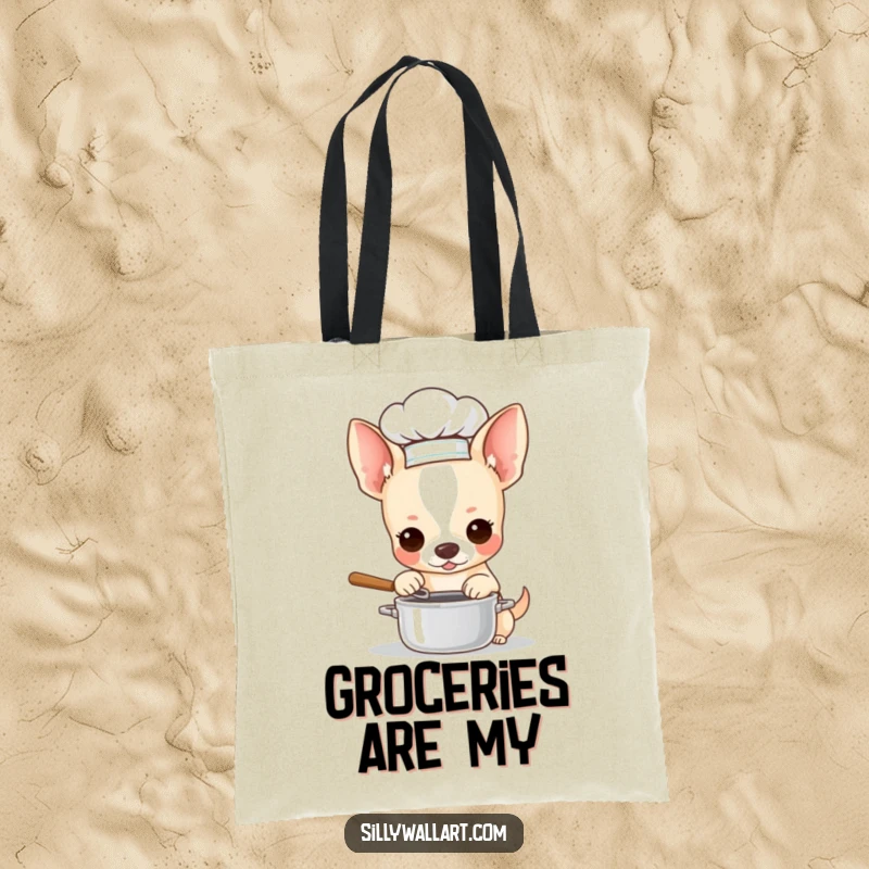 Funny tote bag with a chihuahua in a chef hat, stirring a miniature pot. Ideal for carrying groceries and culinary supplies.