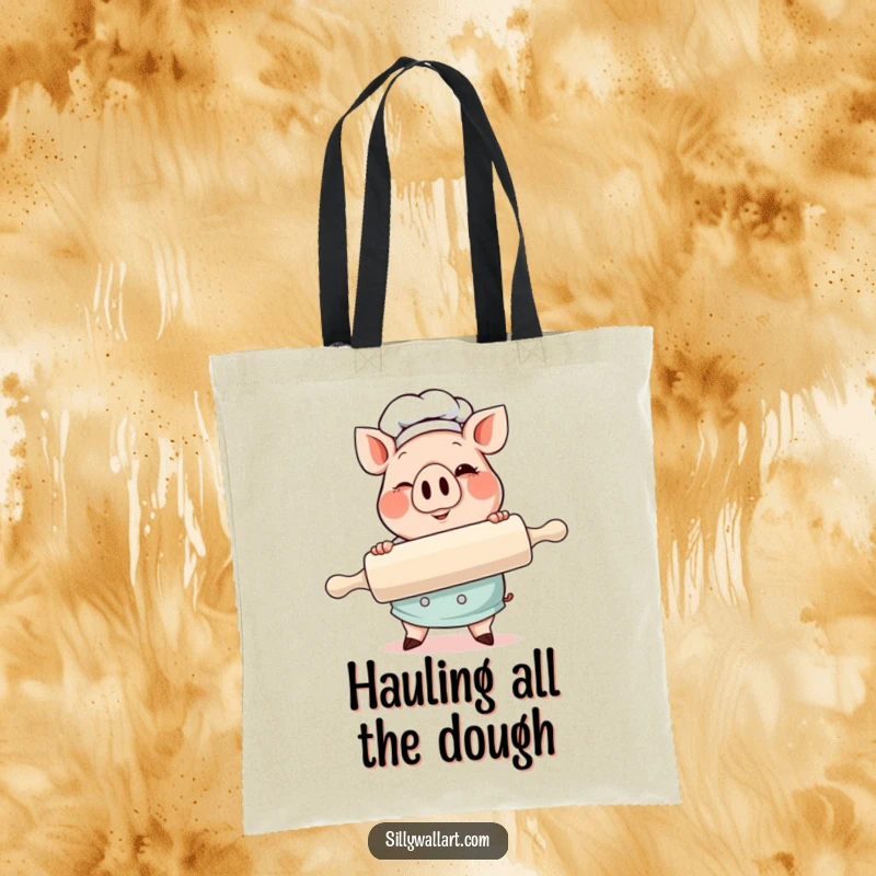 Funny Pig Chef Tote Bag showing a cheerful pig chef holding a huge rolling pin and winking playfully.