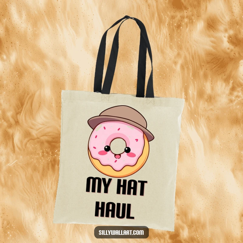 Funny tote bag: Round donut comically struggling with a hat that is too small, practical and humorous accessory.