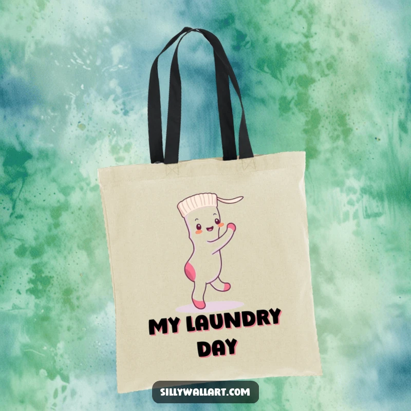 Funny sock and dryer sheet dancing a tango, on a practical tote bag for humorous laundry day carry-alls.