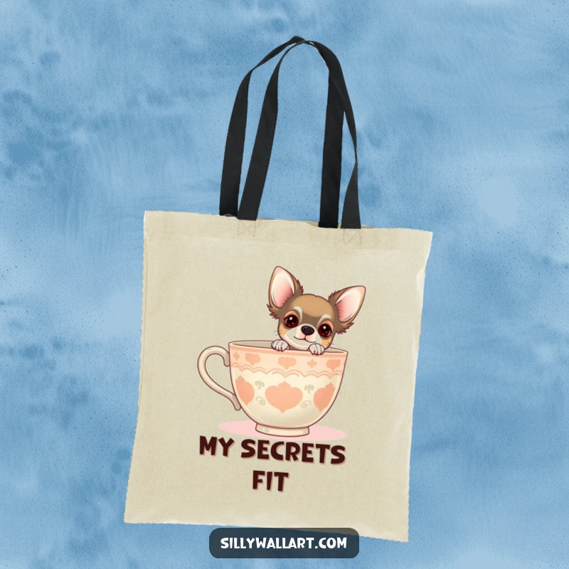 Funny tote bag with a chihuahua peeking from behind a giant teacup. Adorable and functional for daily use.